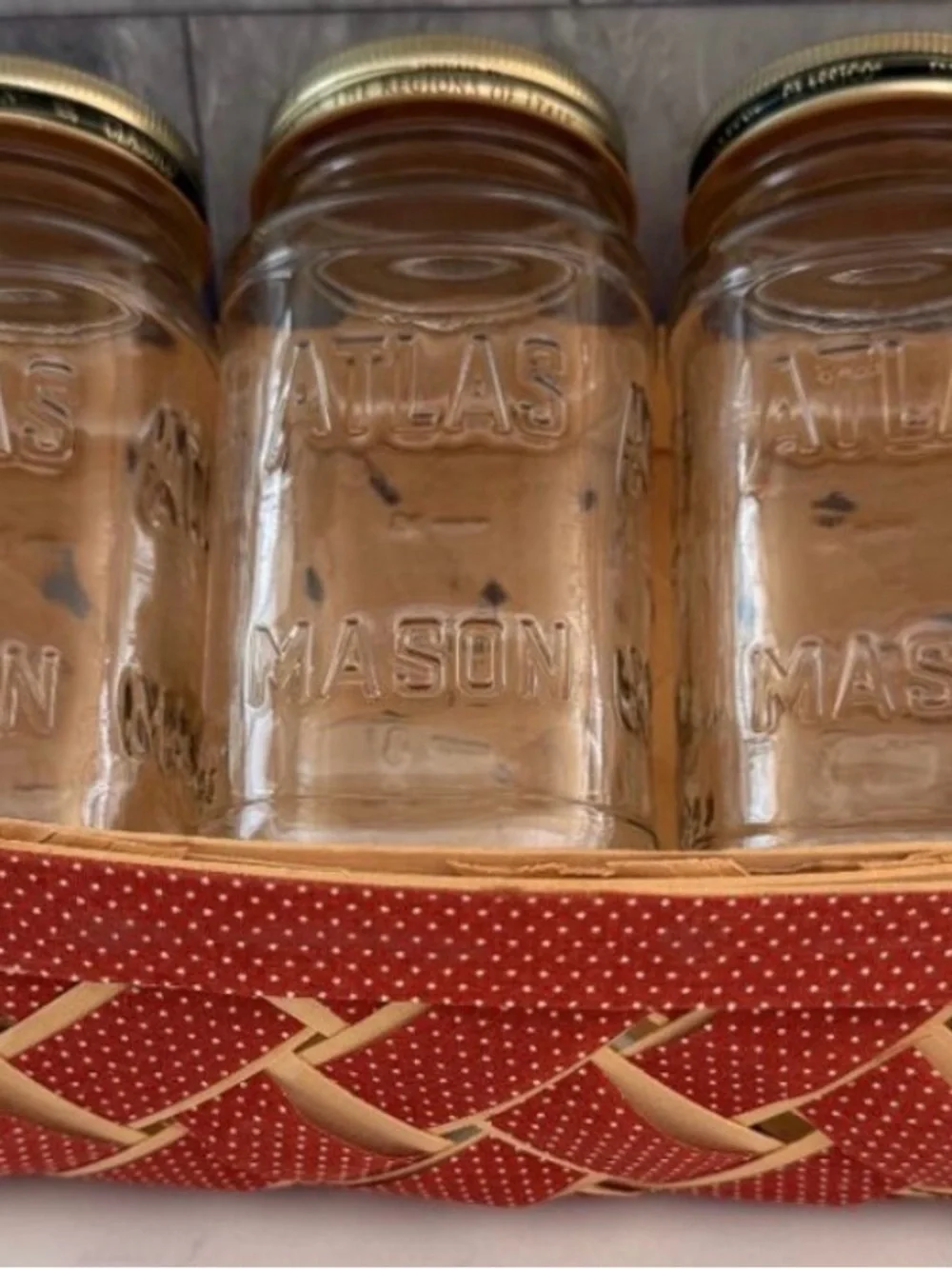 Rustic Primitive Farmhouse Red Ribbon Basket w/ Mason Jars Like New Final Sale